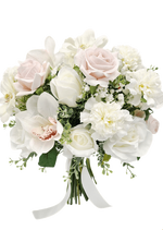Artificial wedding bridal bouquet with blush and white faux roses, white orchids, small white flowers and trailing ivory ribbon. Made in Melbourne by Flowers For Ever After, shipping Australia and Worldwide.