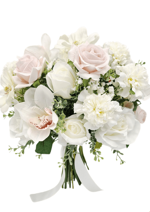 Artificial wedding bridal bouquet with blush and white faux roses, white orchids, small white flowers and trailing ivory ribbon. Made in Melbourne by Flowers For Ever After, shipping Australia and Worldwide.