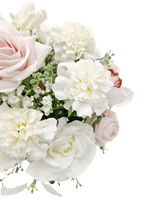 Artificial wedding bridal bouquet close-up with blush and white faux roses, white blooms and small green and white sprigs. Made in Melbourne by Flowers For Ever After, shipping Australia and Worldwide.