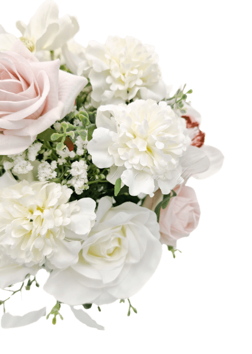 Artificial wedding bridal bouquet close-up with blush and white faux roses, white blooms and small green and white sprigs. Made in Melbourne by Flowers For Ever After, shipping Australia and Worldwide.