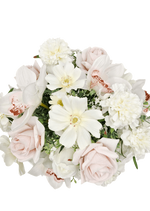 Artificial wedding bridal bouquet, overhead view of blush and white faux roses, white orchids and white flowers. Made in Melbourne by Flowers For Ever After, shipping Australia and Worldwide.