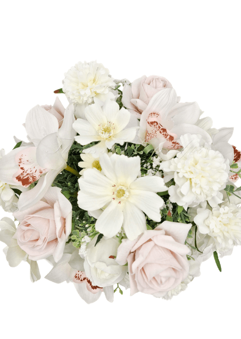 Artificial wedding bridal bouquet, overhead view of blush and white faux roses, white orchids and white flowers. Made in Melbourne by Flowers For Ever After, shipping Australia and Worldwide.
