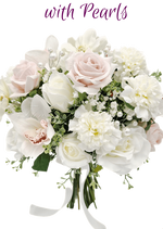 Artificial wedding bridal bouquet with blush and white faux roses, white orchids, pearl accents and trailing ivory ribbon. Made in Melbourne by Flowers For Ever After, shipping Australia and Worldwide.