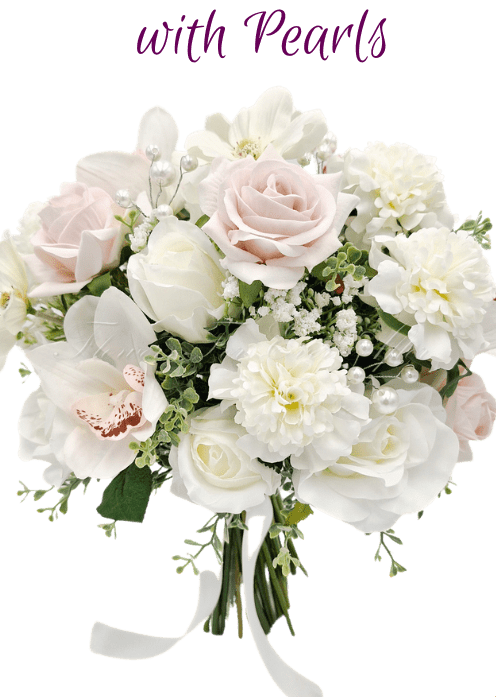 Artificial wedding bridal bouquet with blush and white faux roses, white orchids, pearl accents and trailing ivory ribbon. Made in Melbourne by Flowers For Ever After, shipping Australia and Worldwide.