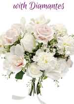 Artificial wedding bridal bouquet with blush and white faux roses, white orchids, diamante accents and trailing ivory ribbon. Made in Melbourne by Flowers For Ever After, shipping Australia and Worldwide.