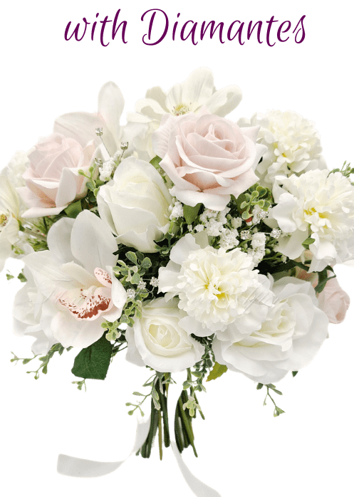 Artificial wedding bridal bouquet with blush and white faux roses, white orchids, diamante accents and trailing ivory ribbon. Made in Melbourne by Flowers For Ever After, shipping Australia and Worldwide.