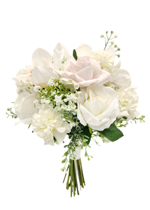 Artificial wedding bridesmaid bouquet, top view of blush and white faux roses, white orchids and small green and white sprigs. Made in Melbourne by Flowers For Ever After, shipping Australia and Worldwide.