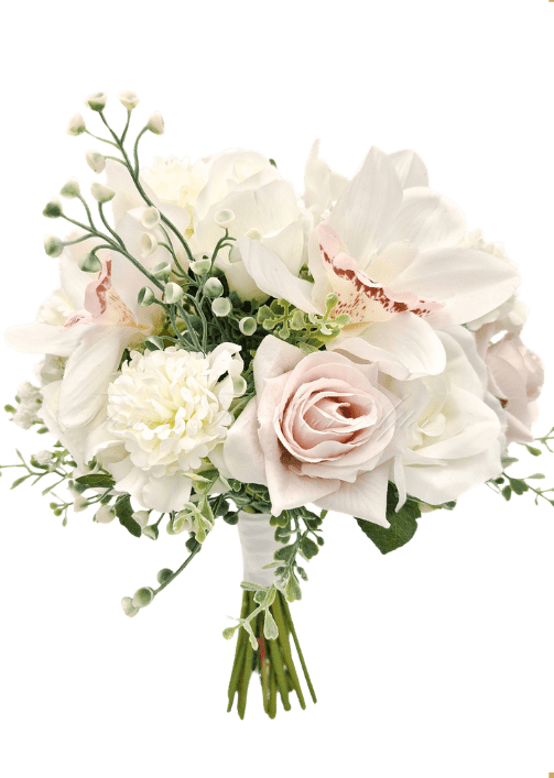 Artificial wedding bridesmaid bouquet with blush and white faux roses, white orchids, white blooms and small green and white sprigs. Made in Melbourne by Flowers For Ever After, shipping Australia and Worldwide.