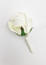 Artificial wedding boutonniere with a white faux rosebud, green sepals and an ivory ribbon-wrapped stem. For formals, proms and ball occasions. Made in Melbourne by Flowers For Ever After, shipping Australia and Worldwide.