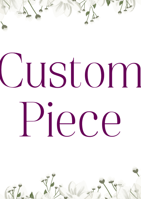 Artificial wedding custom-order graphic for faux flowers, reading Custom Piece between white rose and green leaf borders. Made in Melbourne by Flowers For Ever After, shipping Australia and Worldwide.