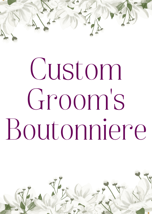Artificial wedding custom-order graphic reading CUSTOM Groom for matching faux floral accessories. Made in Melbourne by Flowers For Ever After, shipping Australia and Worldwide.