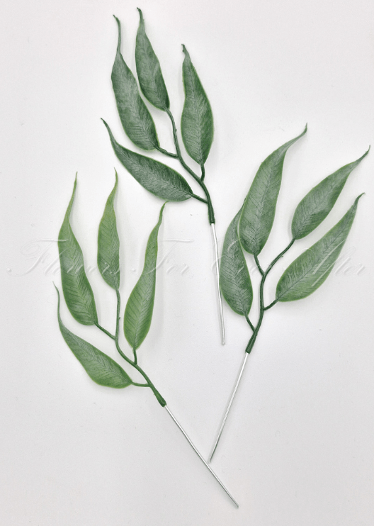 Artificial wedding foliage pieces with three faux eucalyptus sprigs, pointed grey-green leaves and exposed mounting wires. Made in Melbourne by Flowers For Ever After, shipping Australia and Worldwide.