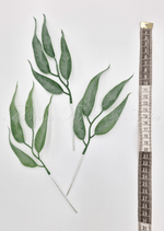 Artificial wedding foliage pieces with three faux eucalyptus sprigs and pointed grey-green leaves shown beside a measuring tape. Made in Melbourne by Flowers For Ever After, shipping Australia and Worldwide.