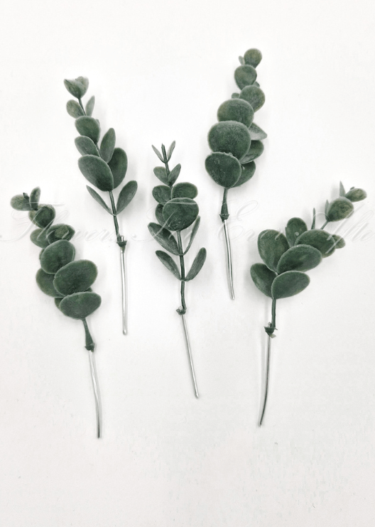 Artificial wedding foliage pieces with five faux eucalyptus sprigs, rounded dark green leaves and exposed mounting wires. Made in Melbourne by Flowers For Ever After, shipping Australia and Worldwide.