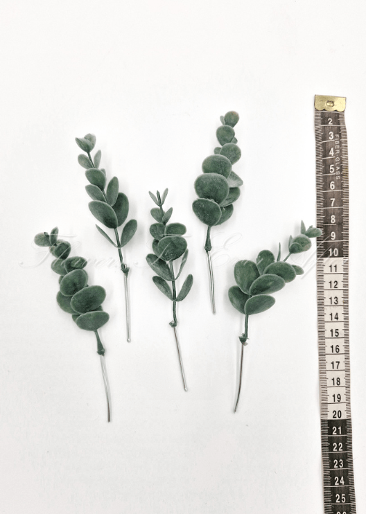 Artificial wedding foliage pieces with five faux eucalyptus sprigs and rounded dark green leaves shown beside a measuring tape. Made in Melbourne by Flowers For Ever After, shipping Australia and Worldwide.