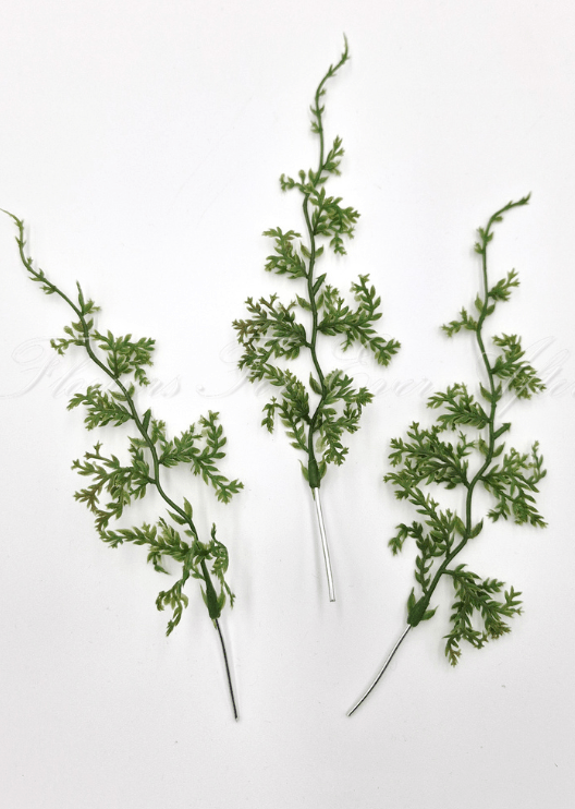 Artificial wedding foliage pieces with three branching faux green sprigs, finely divided leaves and exposed mounting wires. Made in Melbourne by Flowers For Ever After, shipping Australia and Worldwide.