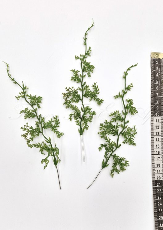 Artificial wedding foliage pieces with three branching faux green sprigs and finely divided leaves shown beside a measuring tape. Made in Melbourne by Flowers For Ever After, shipping Australia and Worldwide.