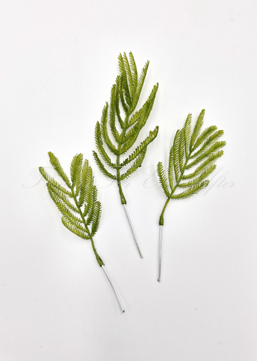 Artificial wedding foliage pieces with three faux fern-like sprigs, bright green leaflets and exposed mounting wires. Made in Melbourne by Flowers For Ever After, shipping Australia and Worldwide.