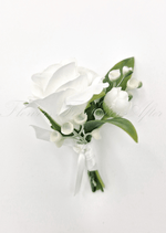 Artificial wedding boutonniere with a white faux rose, white berry sprigs, green leaves and a white ribbon bow. For formals, proms and ball occasions. Made in Melbourne by Flowers For Ever After, shipping Australia and Worldwide.