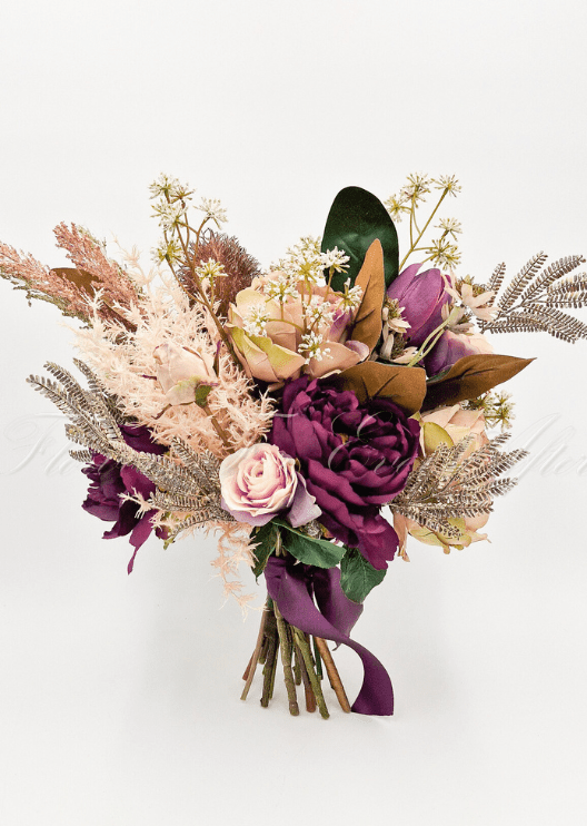 Artificial wedding bouquet with white faux blooms and green foliage, finished with wrapped stems. Made in Melbourne by Flowers For Ever After, shipping Australia and Worldwide.