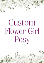 Artificial wedding custom-order graphic reading CUSTOM Flower Girl for matching faux flower posies. Made in Melbourne by Flowers For Ever After, shipping Australia and Worldwide.