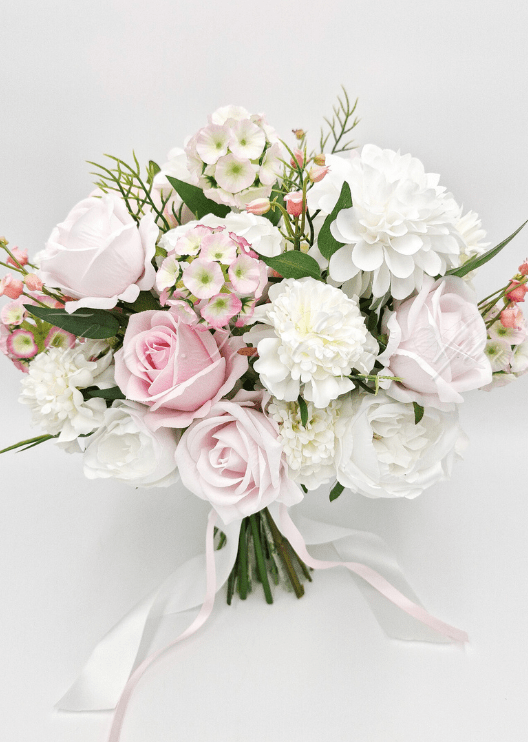 Artificial wedding bouquet, front view of mixed faux flowers and green foliage. Made in Melbourne by Flowers For Ever After, shipping Australia and Worldwide.