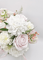 Artificial wedding bouquet with mixed faux roses, small flowers and green foliage. Made in Melbourne by Flowers For Ever After, shipping Australia and Worldwide.