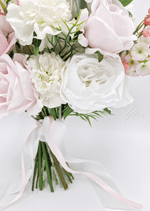 Artificial wedding bouquet, front view of mixed faux roses, smaller flowers and green leaves. Made in Melbourne by Flowers For Ever After, shipping Australia and Worldwide.