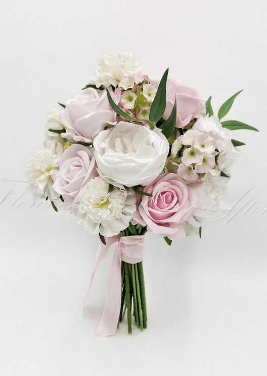 Artificial wedding bouquet with mixed faux blooms and green foliage, finished with wrapped stems. Made in Melbourne by Flowers For Ever After, shipping Australia and Worldwide.