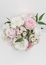 Artificial wedding bouquet, angled view of mixed faux flowers and green leaves. Made in Melbourne by Flowers For Ever After, shipping Australia and Worldwide.