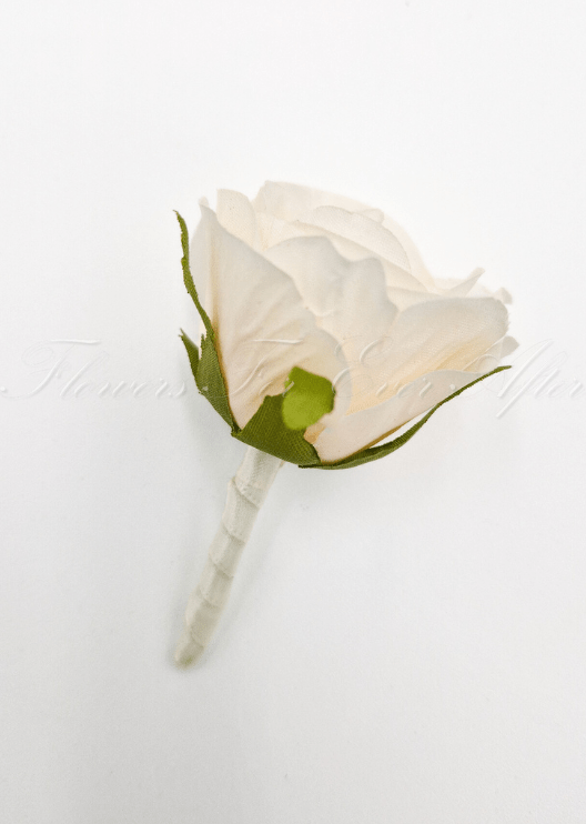 Artificial wedding boutonniere with a cream faux rosebud, green sepals and an ivory-wrapped stem. For formals, proms and ball occasions. Made in Melbourne by Flowers For Ever After, shipping Australia and Worldwide.