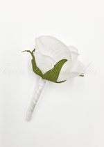 Artificial wedding boutonniere with a white faux rosebud, green sepals and a white-wrapped stem. For formals, proms and ball occasions. Made in Melbourne by Flowers For Ever After, shipping Australia and Worldwide.