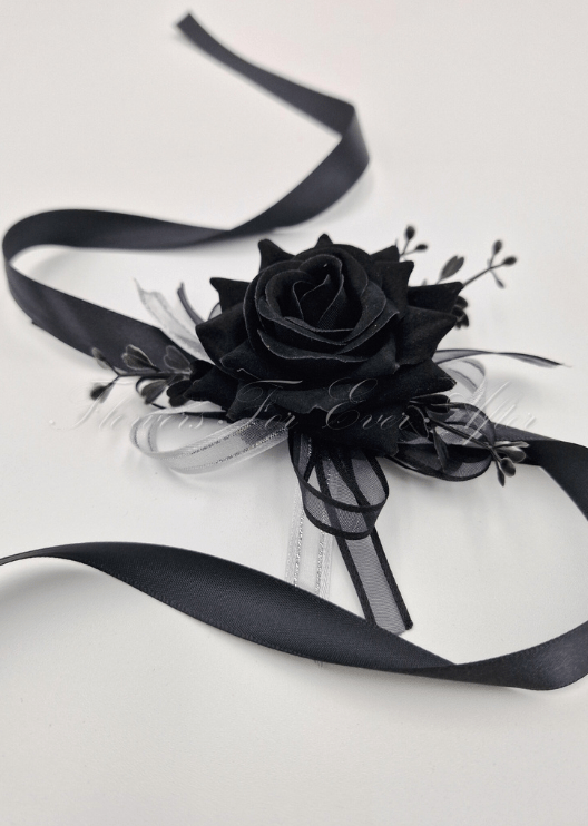 Artificial wedding bouquet close-up showing black and burgundy faux roses with smaller flowers. Made in Melbourne by Flowers For Ever After, shipping Australia and Worldwide.