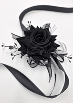 Artificial wedding bouquet with black and burgundy faux roses, small flowers and dark foliage. Made in Melbourne by Flowers For Ever After, shipping Australia and Worldwide.