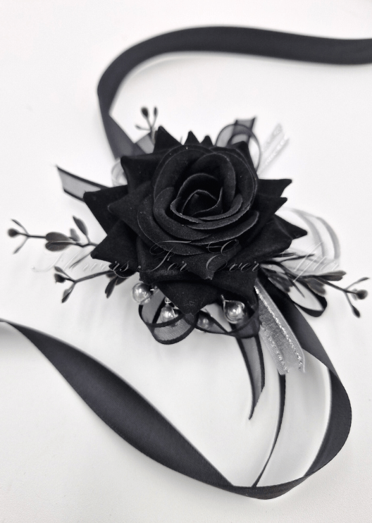 Artificial wedding bouquet with black and burgundy faux roses, small flowers and dark foliage. Made in Melbourne by Flowers For Ever After, shipping Australia and Worldwide.