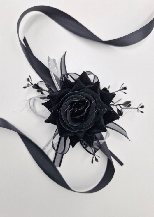 Artificial wedding bouquet, angled view of black and burgundy faux roses and dark foliage. Made in Melbourne by Flowers For Ever After, shipping Australia and Worldwide.