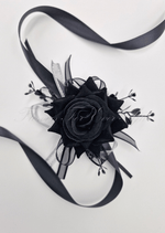 Artificial wedding bouquet, angled view of black and burgundy faux roses and dark foliage. Made in Melbourne by Flowers For Ever After, shipping Australia and Worldwide.