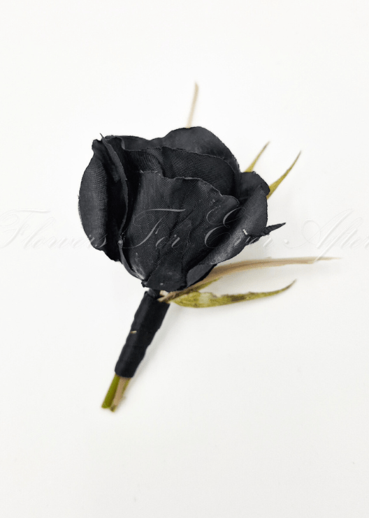 Artificial wedding boutonniere with a black faux rosebud, green sepals and a black-wrapped stem. For formals, proms and ball occasions. Made in Melbourne by Flowers For Ever After, shipping Australia and Worldwide.