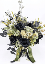 Artificial wedding bridal bouquet with black, sage and cream faux roses, white daisies, branching sprigs and trailing green and black ribbons. Made in Melbourne by Flowers For Ever After, shipping Australia and Worldwide.