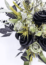 Artificial wedding bouquet close-up with black and sage faux roses, white daisies and branching pale sprigs. Made in Melbourne by Flowers For Ever After, shipping Australia and Worldwide.