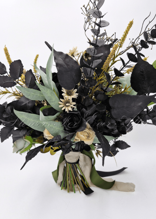 Artificial wedding bouquet, reverse view of black and cream faux roses, dark leaves, white daisies and green and black ribbons. Made in Melbourne by Flowers For Ever After, shipping Australia and Worldwide.