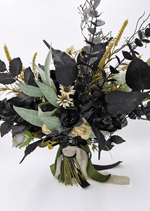 Artificial wedding bouquet, reverse view of black and cream faux roses, dark leaves, white daisies and green and black ribbons. Made in Melbourne by Flowers For Ever After, shipping Australia and Worldwide.