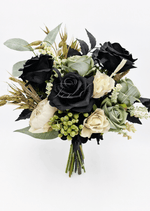 Artificial wedding bouquet with black, sage and cream faux roses, green hydrangea, white filler flowers and branching foliage. Made in Melbourne by Flowers For Ever After, shipping Australia and Worldwide.
