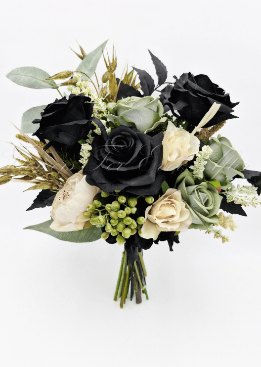 Artificial wedding bouquet with black, sage and cream faux roses, green hydrangea, white filler flowers and branching foliage. Made in Melbourne by Flowers For Ever After, shipping Australia and Worldwide.