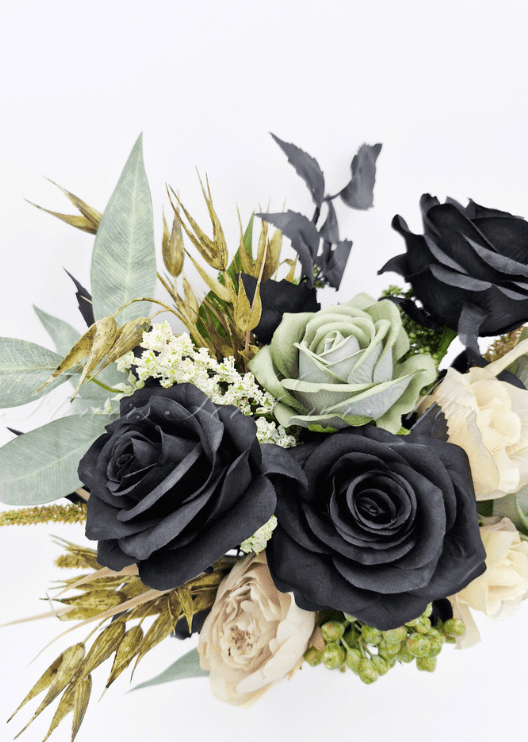 Artificial wedding bouquet close-up with black, sage and cream faux roses, green hydrangea and white filler flowers. Made in Melbourne by Flowers For Ever After, shipping Australia and Worldwide.