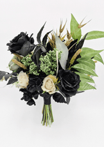 Artificial wedding bouquet, reverse view of black and cream faux roses, green hydrangea and mixed green and dark leaves. Made in Melbourne by Flowers For Ever After, shipping Australia and Worldwide.