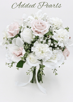 Artificial wedding bridal bouquet with blush and white faux roses, white orchids, small flowers and added pearl accents. Made in Melbourne by Flowers For Ever After, shipping Australia and Worldwide.