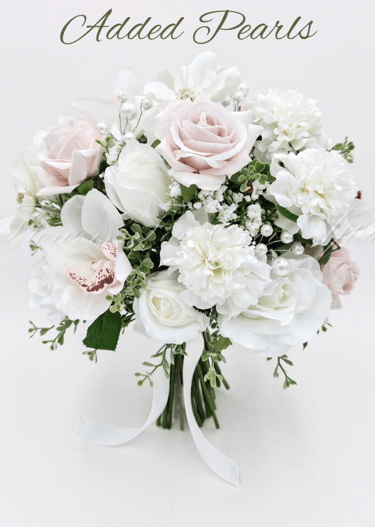Artificial wedding bridal bouquet with blush and white faux roses, white orchids, small flowers and added pearl accents. Made in Melbourne by Flowers For Ever After, shipping Australia and Worldwide.