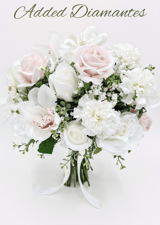 Artificial wedding bridal bouquet with blush and white faux roses, white orchids, small flowers and added diamante accents. Made in Melbourne by Flowers For Ever After, shipping Australia and Worldwide.