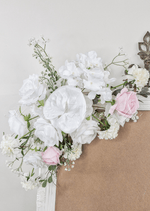 Artificial wedding sign floral close-up with white faux roses, pale pink roses, white blooms and fine white sprigs. Made in Melbourne by Flowers For Ever After, shipping Australia and Worldwide.